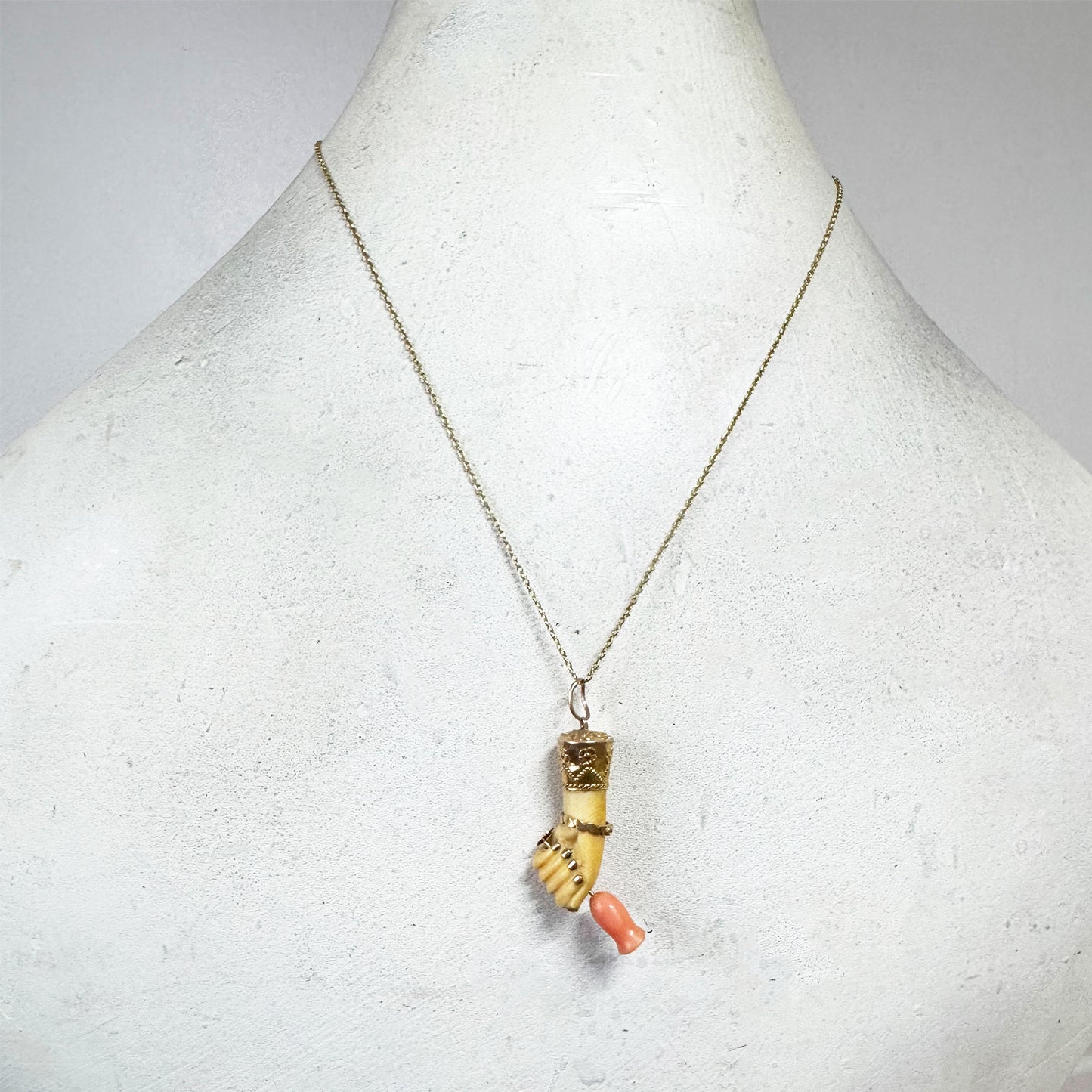 Antique 9k Gold Bone Figa Pendant, Victorian Coral Flower Amulet