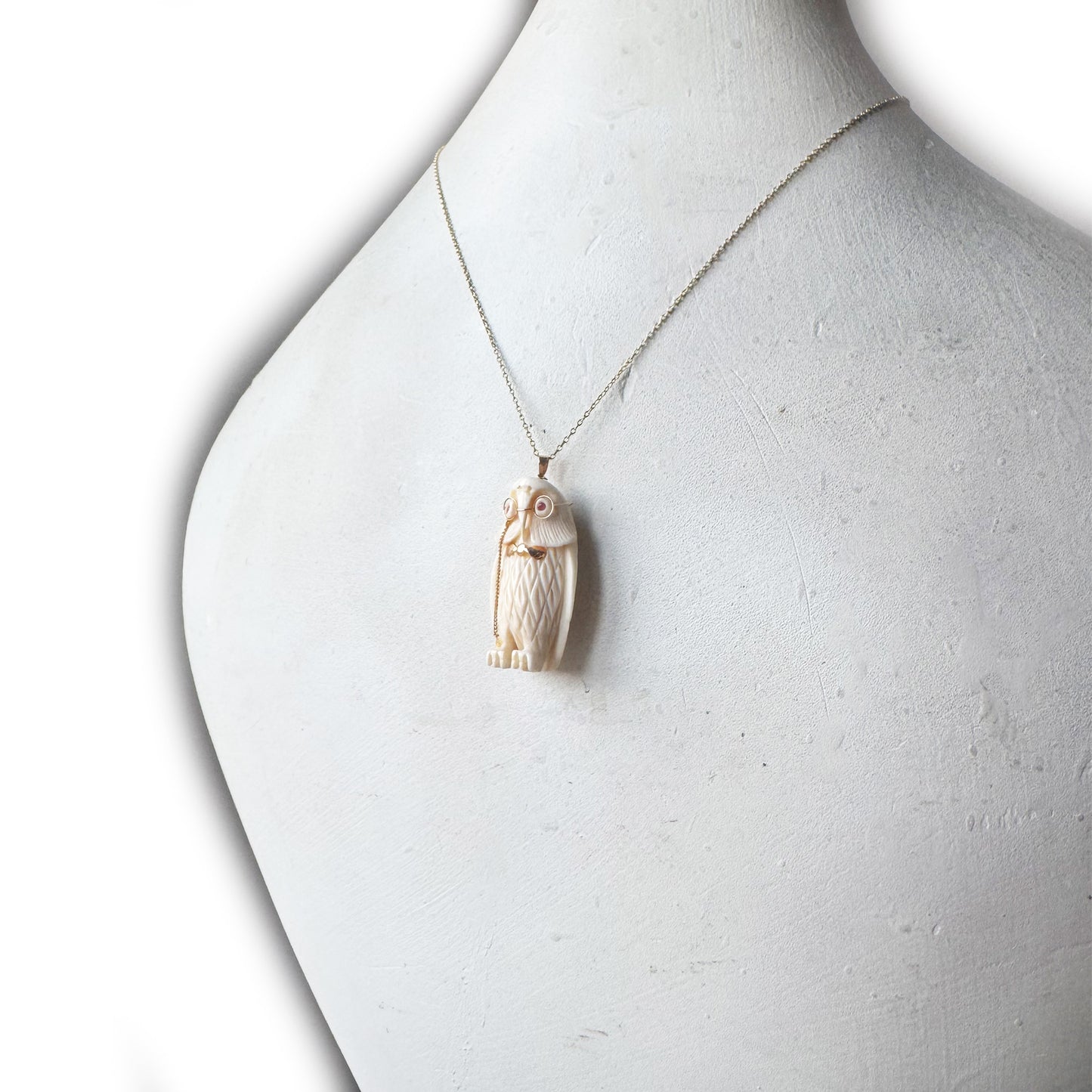 Vintage 14K Gold Owl Pendant With Glasses, Carved Bone Owl Charm, Ruby Eye Owl Necklace Pendant, Mid Century Novelty Jewellery, Wise Charm
