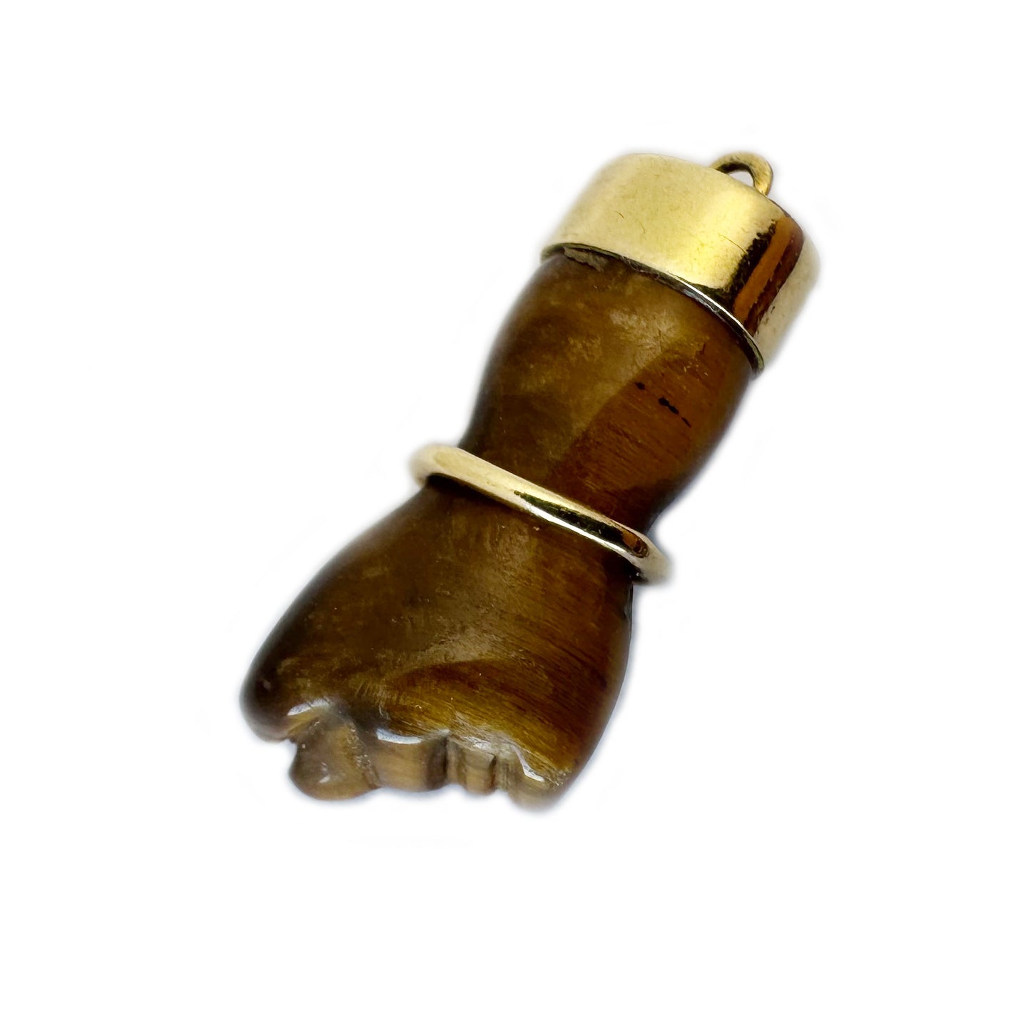 Vintage Tiger’s Eye Figa Charm in 18k Gold, Italian Mano Fico Pendant, Protective Hand Talisman, Mid Century Lucky Charm