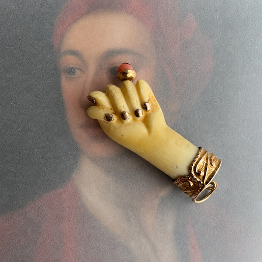 Antique Victorian Bone Figa Hand Pendant, 14k Gold & Coral Mano Fico Amulet, Lucky Talisman, Evil Eye Protection, Figa Charm