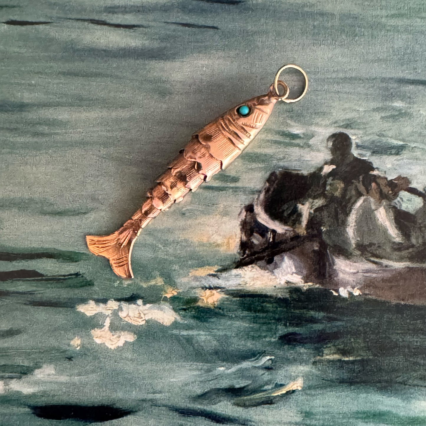 Vintage 18k Gold Articulated Fish Pendant, Moving Fish Charm, Turquoise Eyes, Mid Century 18 ct Gold Lucky Charm, Nautical Jewellery