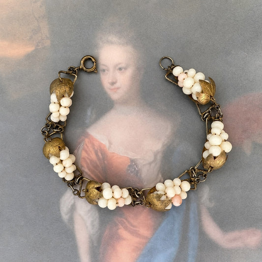 Antique Italian Coral Grape Bracelet, Art Deco 800 Silver Vermeil, White Pink Coral Cluster Bracelet, Vintage Italian Jewelry