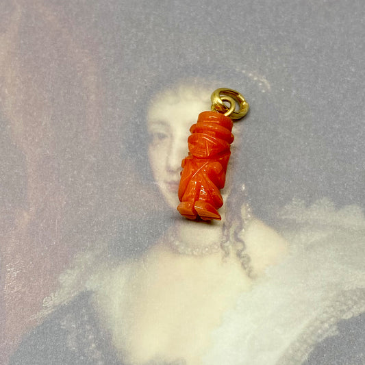 Antique 18k Gold and Coral Victorian Lucky Gobbo, Natural Coral Pendant