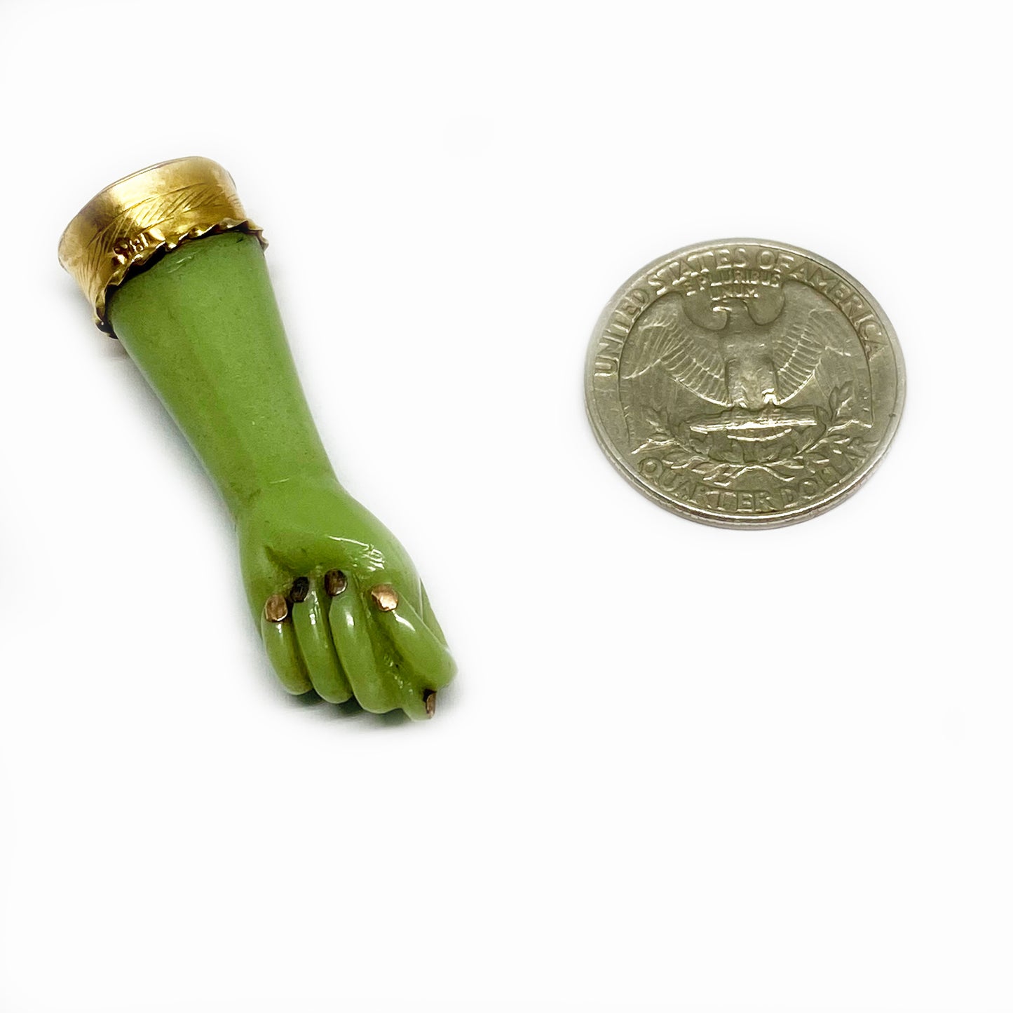 Vintage 18k Gold Green Resin Hand Amulet 1950’s Figa Charm