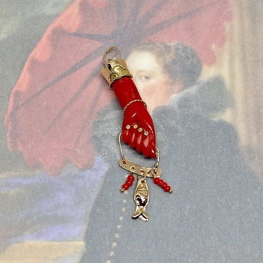 Vintage 14k Gold 1950s Red Resin Figa Charm