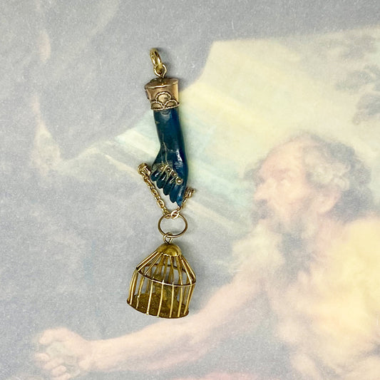 Vintage Figa Gold Plated Miniature Bird Cage,Blue Figa Charm