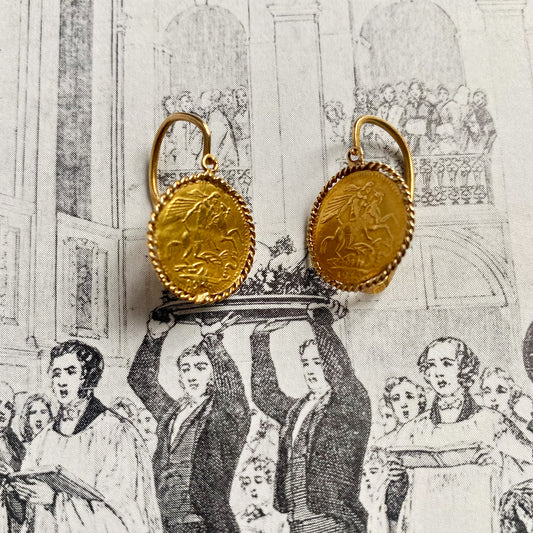 Vintage 14k Gold St George Victoria Veiled Head Coin Earrings, 1960s Gold Coin earrings 14 ct gold, Revival Half Sovereign Jewellery