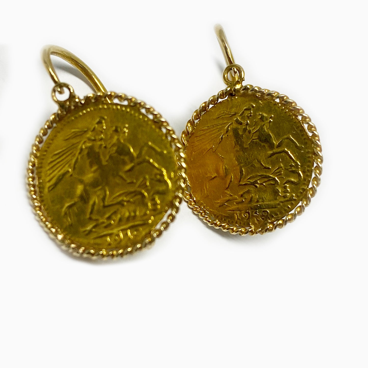 Vintage 14k Gold St George Victoria Veiled Head Coin Earrings, 1960s Gold Coin earrings 14 ct gold, Revival Half Sovereign Jewellery