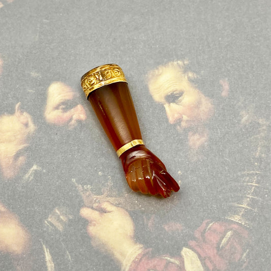 Vintage 10k Gold Agate Figa Hand Pendant, Mano Fico Amulet, Carved Agate Talisman Charm, Mid-Century Lucky Hand