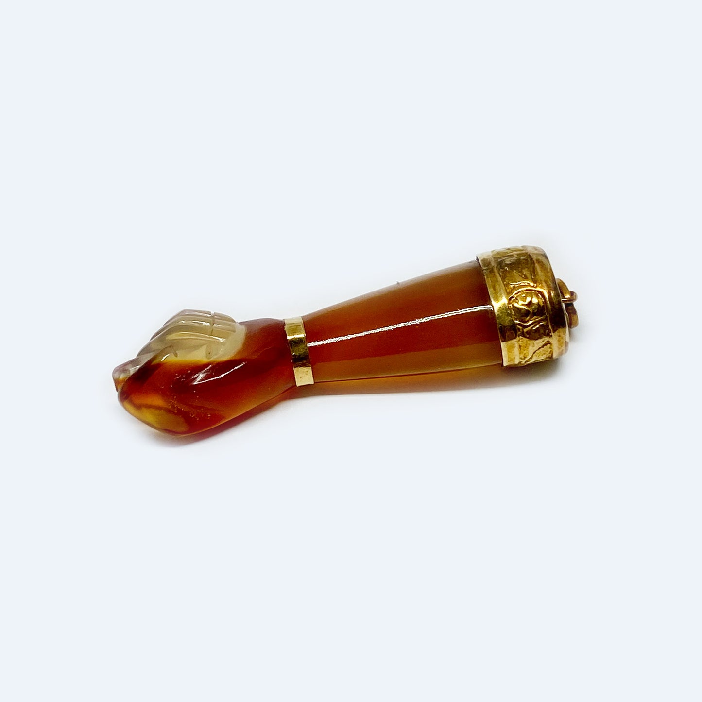 Vintage 10k Gold Agate Figa Hand Pendant, Mano Fico Amulet, Carved Agate Talisman Charm, Mid-Century Lucky Hand