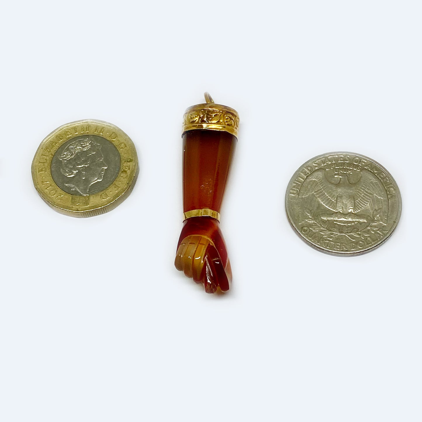 Vintage 10k Gold Agate Figa Hand Pendant, Mano Fico Amulet, Carved Agate Talisman Charm, Mid-Century Lucky Hand