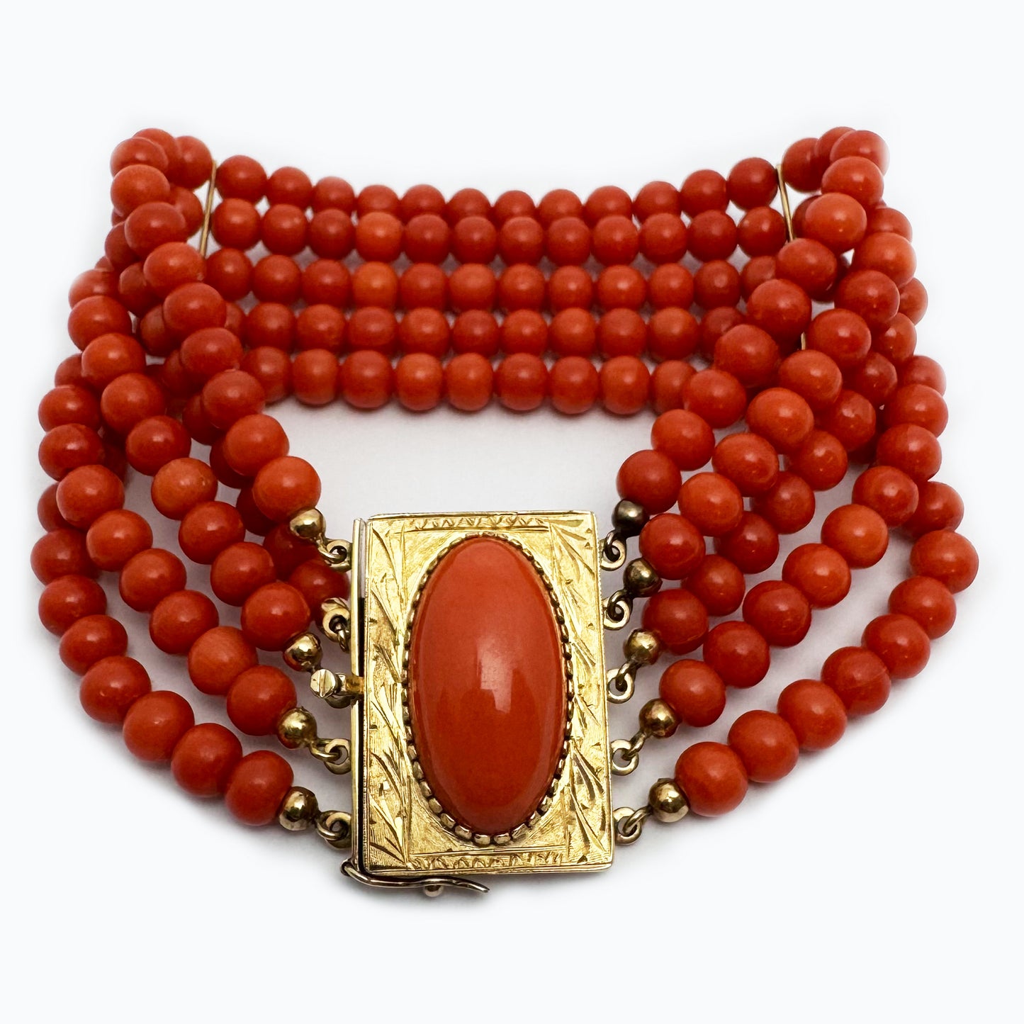 Vintage 14k Gol Coral Bracelet, 4-strand red  Natural Mediterranean Coral  beads  Italian Jewelry