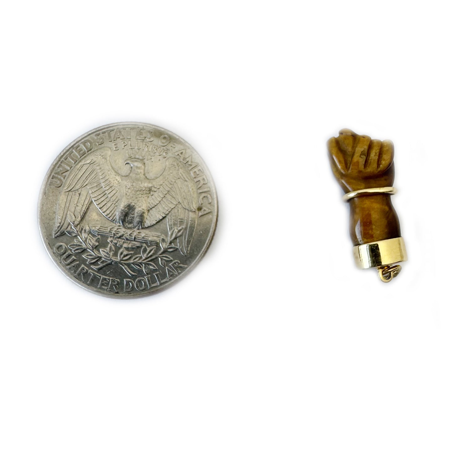 Vintage Tiger’s Eye Figa Charm in 18k Gold, Italian Mano Fico Pendant, Protective Hand Talisman, Mid Century Lucky Charm