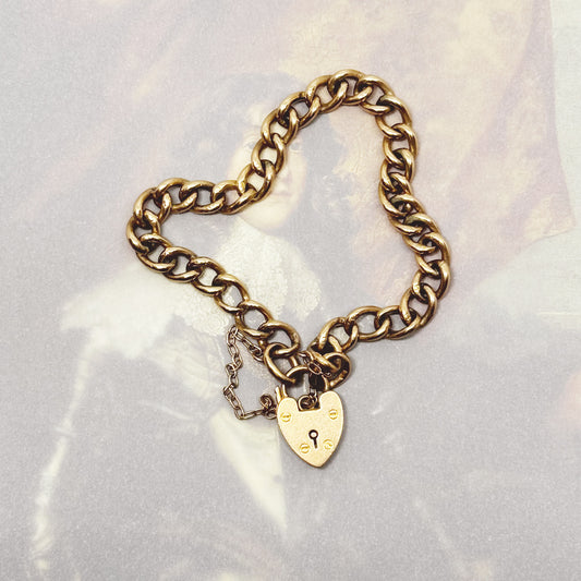 Victorian 9k Rose Gold Curb Link Heart Bracelet, 9 ct Gold Chain Bracelet, Heart Clasp, Fancy Curb, 9 ct Gold, 9K Gold Charm Bracelet