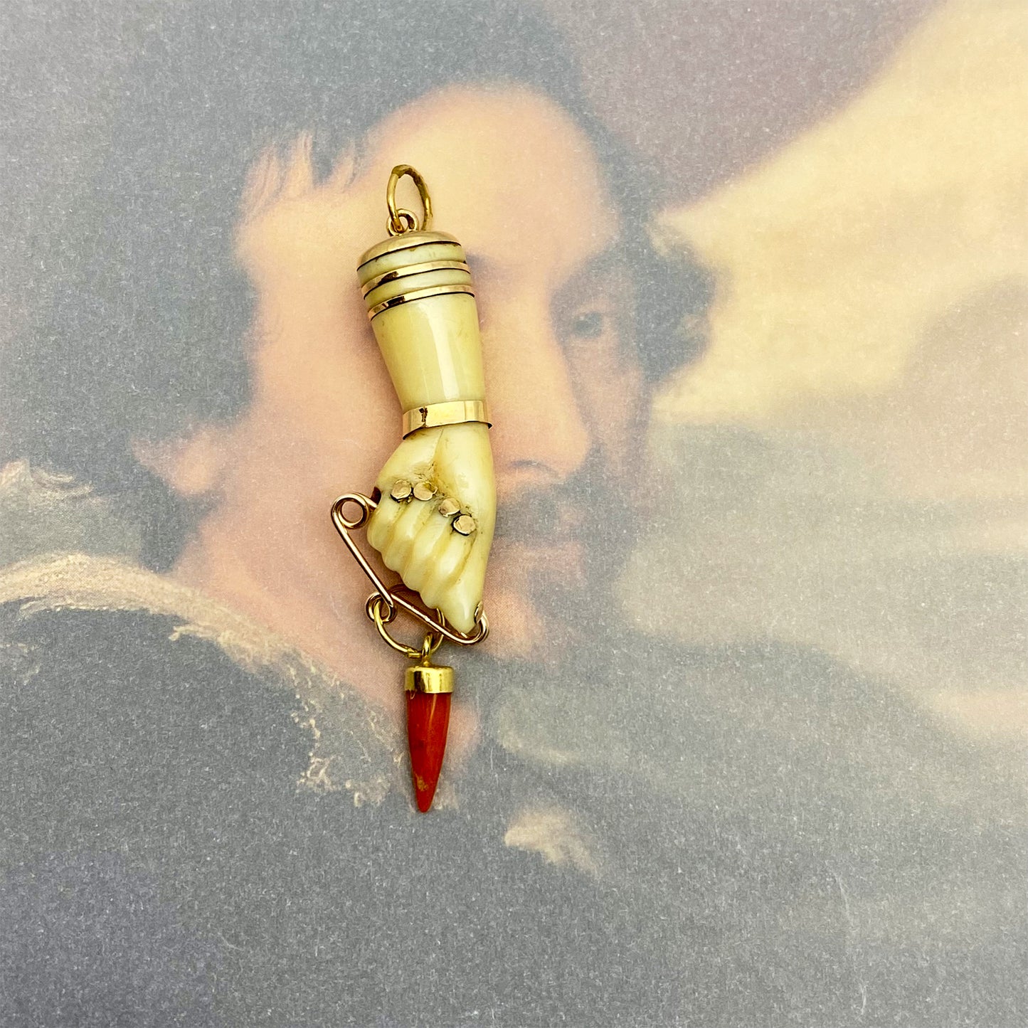 Antique 18K Gold Figa Charm, 9k Gold Coral Corno Tooth