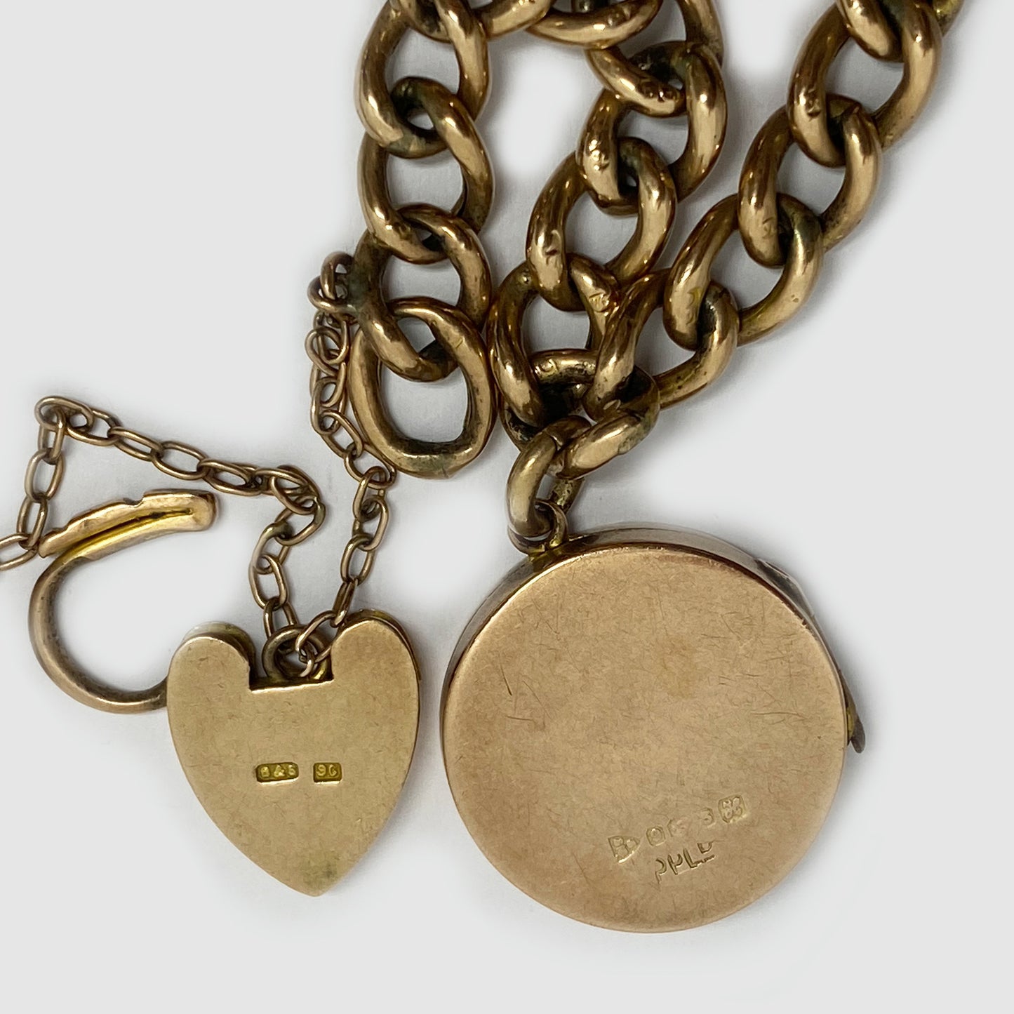 Victorian 9k Rose Gold Curb Link Heart Bracelet, 9 ct Gold Chain Bracelet