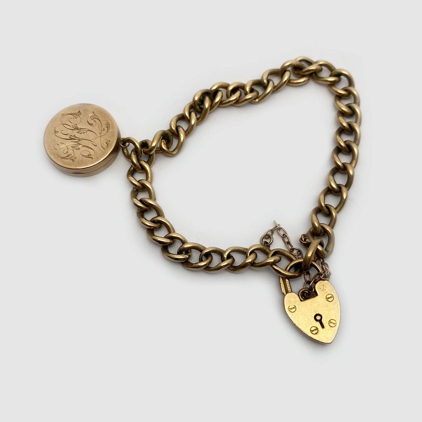 Victorian 9k Rose Gold Curb Link Heart Bracelet, 9 ct Gold Chain Bracelet