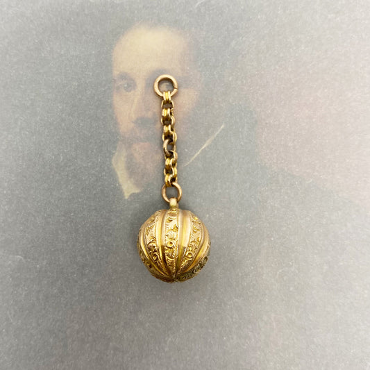 Antique Victorian 9k Gold Decorative Ball Charm Victorian Chased 9ct Rose Gold Ball Orb Sphere Pendant, Gold Ball Fob, Sphere Fob