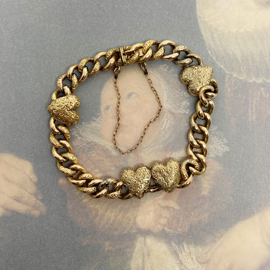 Antique 9k Gold Heart Curb Bracelet, Engraved Heart Jewelry