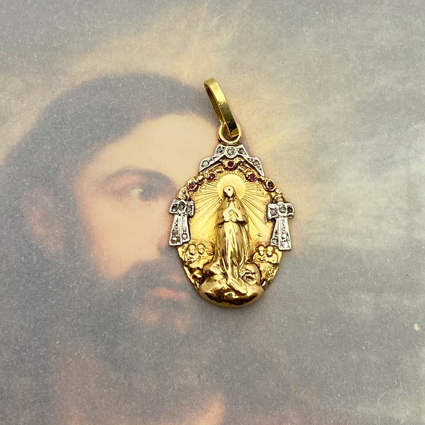Antique 18k Gold Religious Medal, Art Nouveau, Our Lady Medal Pendant, 18 ct Gold, Portuguese Religious Medal, Catholic, Christian