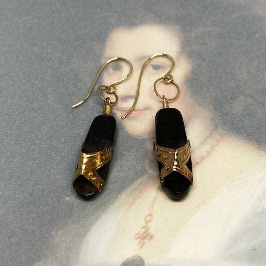Antique 9k Gold Drop Earrings, Horn 9 ct Gold Miniature Sandal Earrings, Clog,  Small Shoe Earrings, Victorian Cute Jewelry