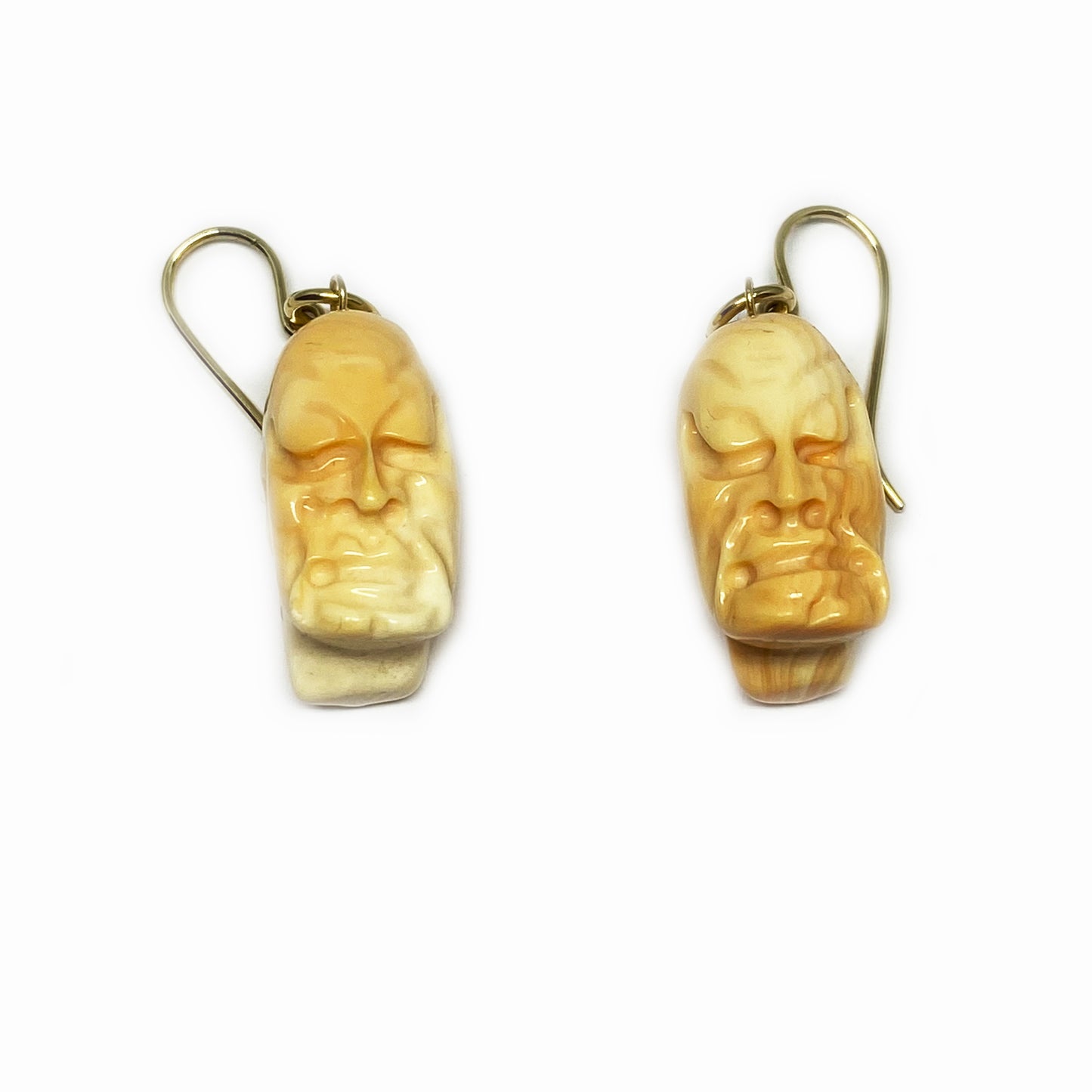 Vintage 9K Gold Natural Coral Earring, Carved Asian Face, Early 20th Century Gods Head, Chinese Carved Coral, 9 ct Drop Earrings, Wise Man