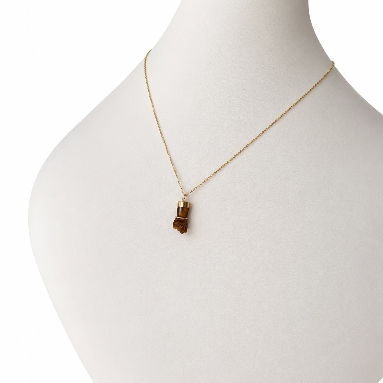 Vintage Tiger’s Eye Figa Charm in 18k Gold, Italian Mano Fico Pendant, Protective Hand Talisman, Mid Century Lucky Charm