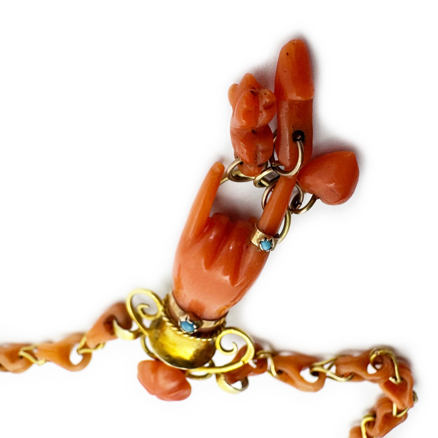Antique 14k Gold Coral Figa Necklace, Mano Cornuta Amulet, Etruscan Revival Gold Chain, Lucky Horned Hand Pendant, Rare Victorian Choker
