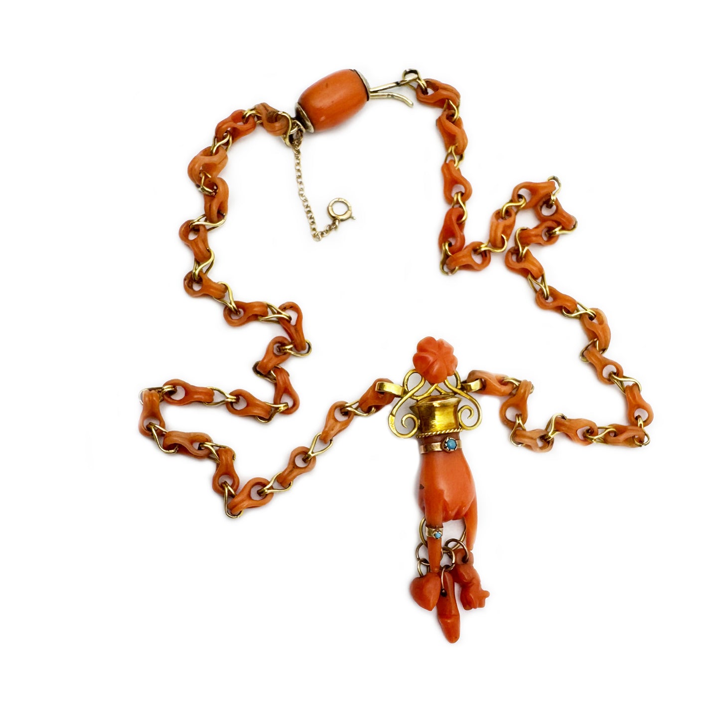 Antique 14k Gold Coral Figa Necklace, Mano Cornuta Amulet, Etruscan Revival Gold Chain, Lucky Horned Hand Pendant, Rare Victorian Choker