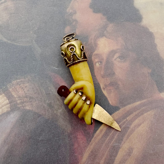 Vintage 9k Gold Mano Figa Pendant with Knife – 1950s Resin Fist Amulet – Italian Gold Talisman Figa Charm