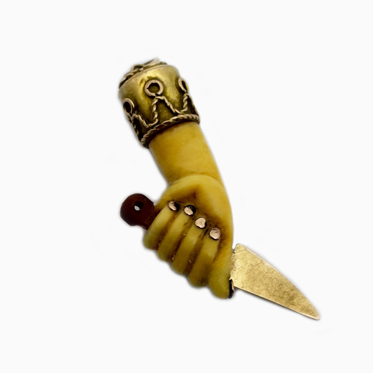 Vintage 9k Gold Mano Figa Pendant with Knife – 1950s Resin Fist Amulet – Italian Gold Talisman Figa Charm