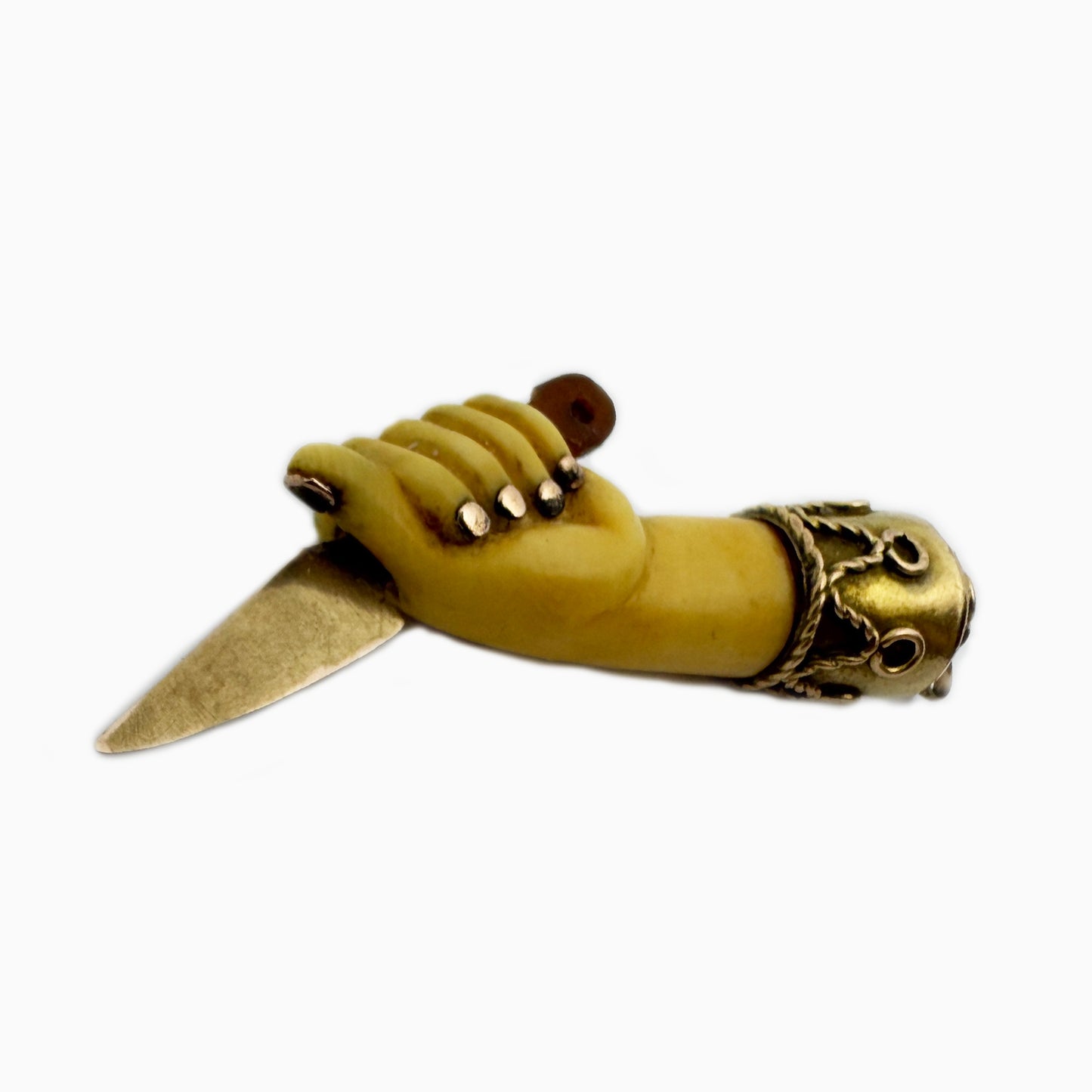 Vintage 9k Gold Mano Figa Pendant with Knife – 1950s Resin Fist Amulet – Italian Gold Talisman Figa Charm