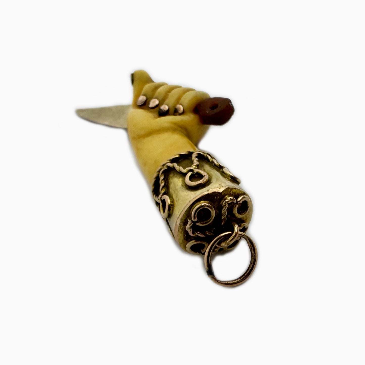 Vintage 9k Gold Mano Figa Pendant with Knife – 1950s Resin Fist Amulet – Italian Gold Talisman Figa Charm