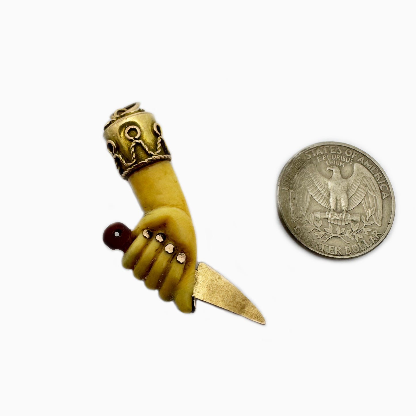 Vintage 9k Gold Mano Figa Pendant with Knife – 1950s Resin Fist Amulet – Italian Gold Talisman Figa Charm