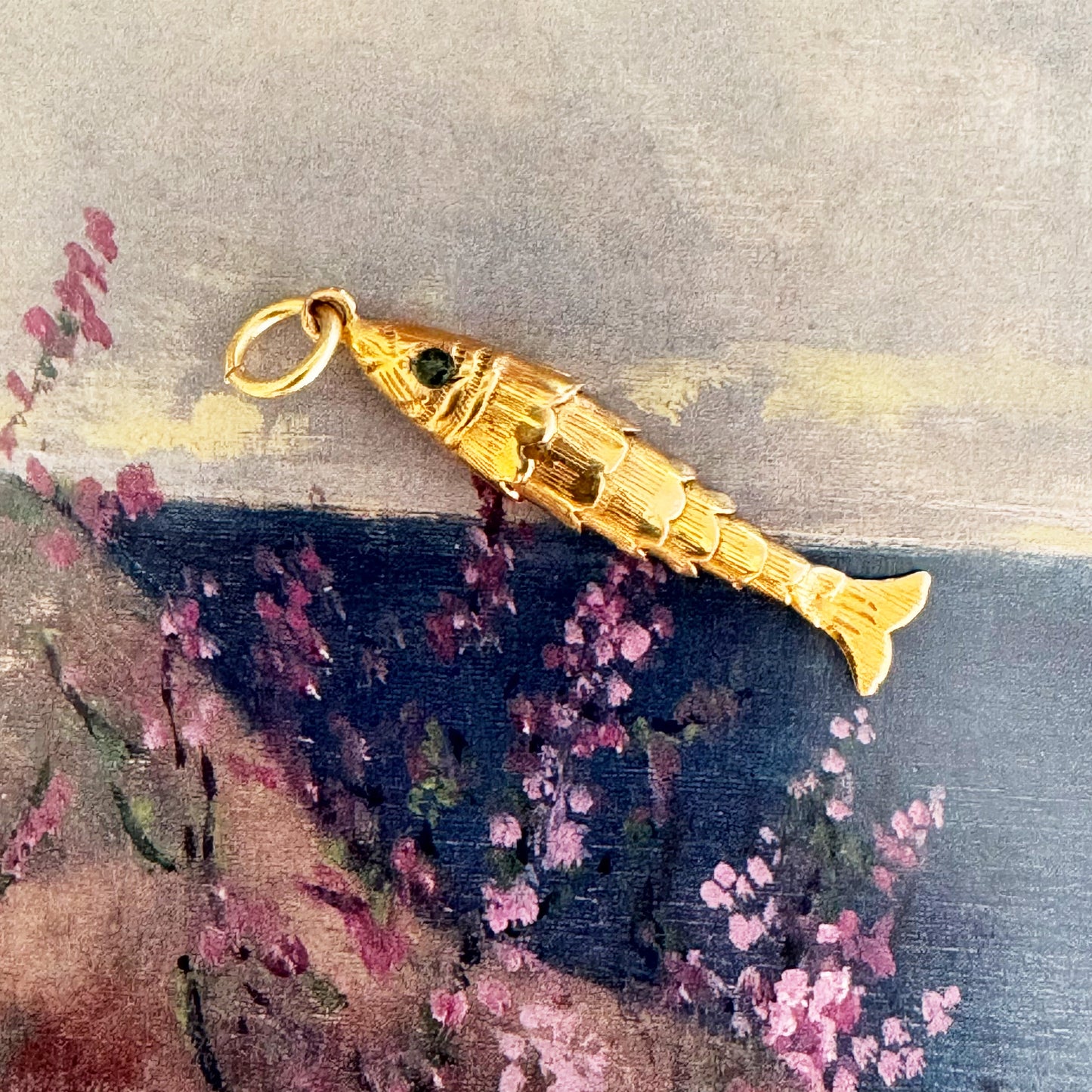 Vintage 18 ct Gold Articulated Fish Pendant with Emerald Eyes, Mid Century Nautical Jewelry, 18k Gold Fish Jewelry