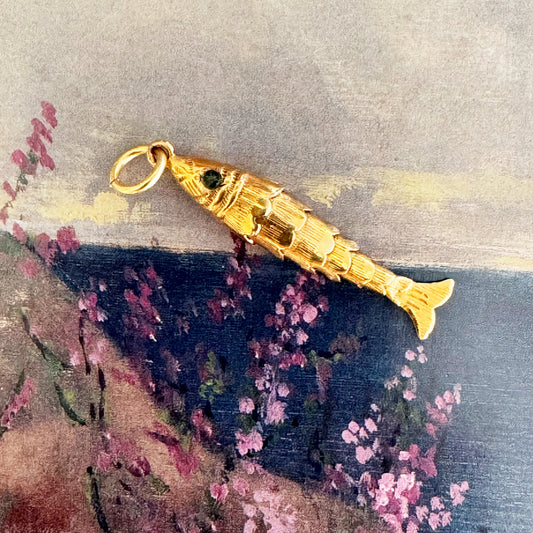 Vintage 18 ct Gold Articulated Fish Pendant with Emerald Eyes, Mid Century Nautical Jewelry, 18k Gold Fish Jewelry
