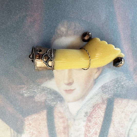 Vintage Galalith Figa Hand Pendant, Mano Fico Lucky Charm, Bone Tone Hand Amulet with Rose Gold Metal, Mid Century Talisman