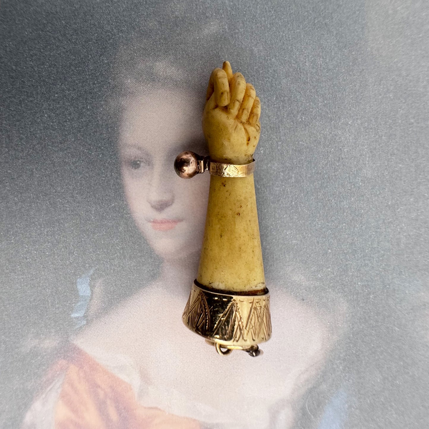 Antique Victorian Bone Figa Hand Pendant, 14k Gold Amulet Charm, Mano Fico Lucky Hand