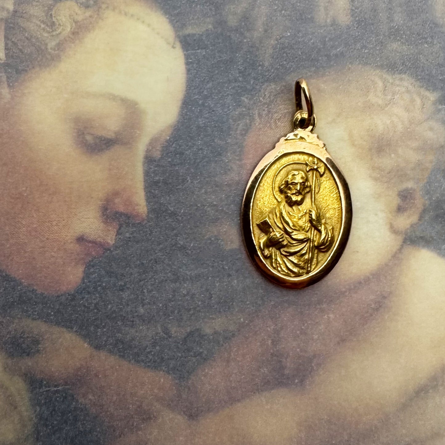 Vintage 18k Gold Saint Jude Thaddeus Medal Pendant, Catholic Patron of Lost Causes Charm, Small Religious Gold Pendant Gift