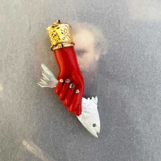 Antique Mediterranean Coral Cornicello Pendant in 14k Gold, Italian Lucky Horn Amulet Charm, Vintage Talisman Pendant
