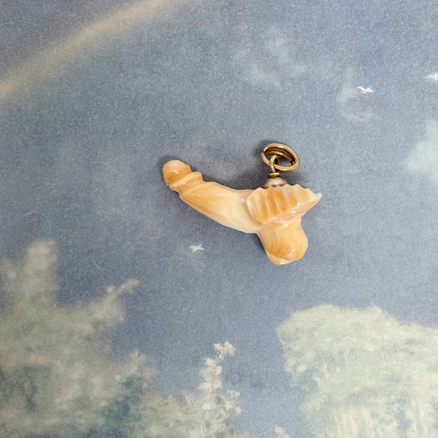 Vintage 14k Gold Shell Fascinus Amulet Pendant, Rare Italian Phallic Protection Talisman, Roman Revival Phallus Fertility Luck Charm