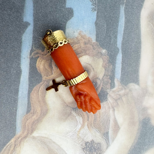 Antique 18k Gold Coral Figa Pendant, Victorian Mano Fico Charm, Mediterranean Amulet,  Lucky Hand