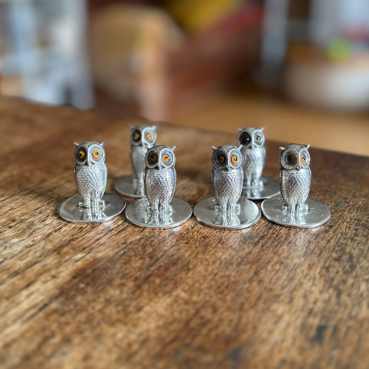 Antique Sterling Silver Owl Menu Holders, Set of 6 S Mordan Chester, 1905 Edwardian Place Card Holders, Glass Eyes, Hallmarked Silver