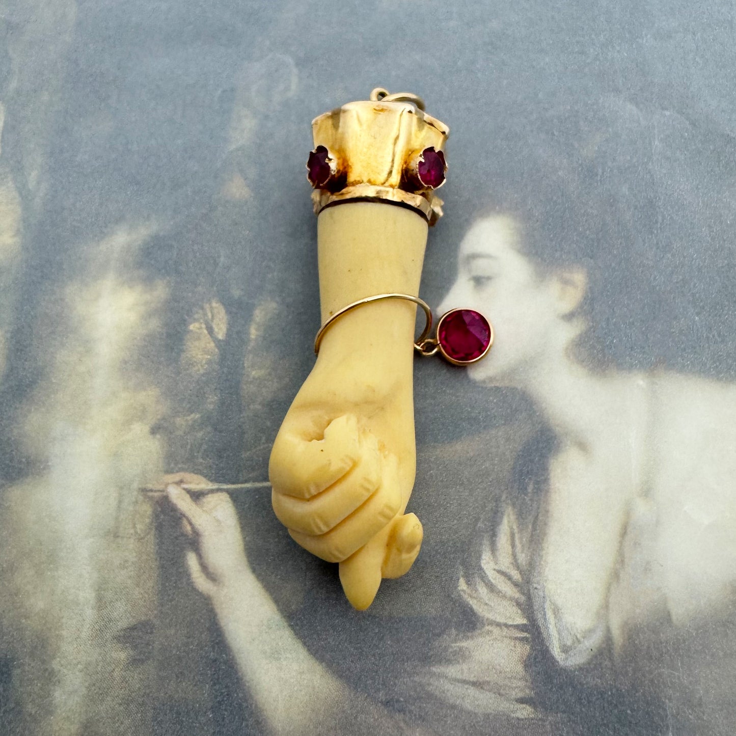 Vintage 18k Gold Figa Hand Pendant, Pink Stones, Large Protective Amulet, 1960s Good Luck Talisman