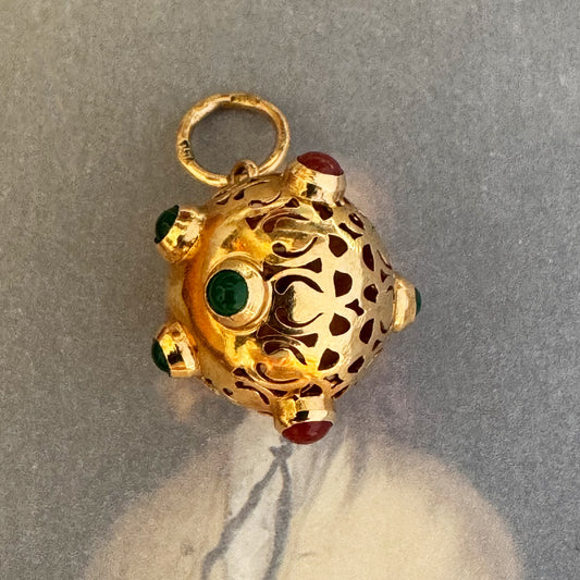 Vintage 18k Gold Sputnik Orb Charm, Atomic Age Gemstone Pendant, Space Age Globe Charm, Mid Century Modern Jewelry, 1950s Celestial Pendant