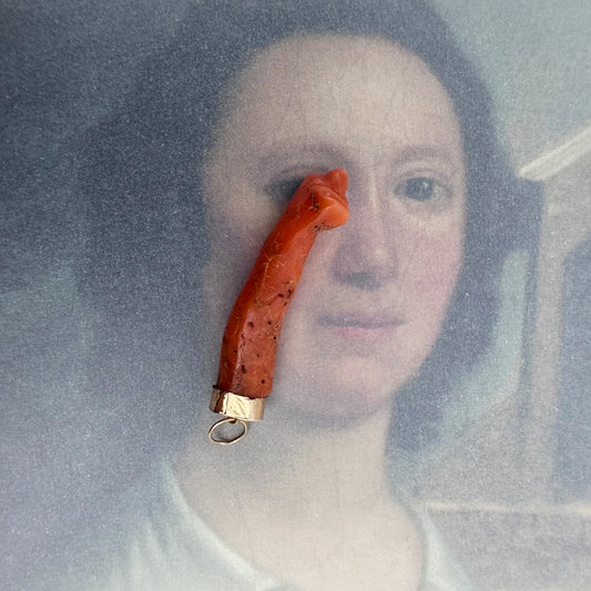 Antique Victorian 9k gold Coral Figa Hand Pendant, 9 ct Gold Amulet, Mediterranean Orange Coral Charm, Protective Lucky Talisman