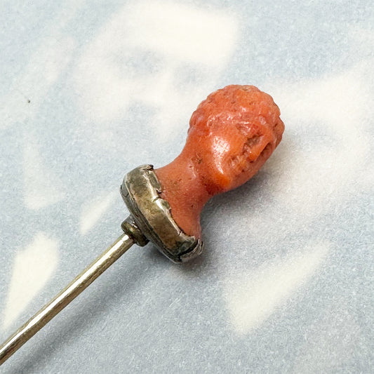 Carved Coral Head Stick Pin, Antique Victorian 9k Gold Collar, Roman Style Bust