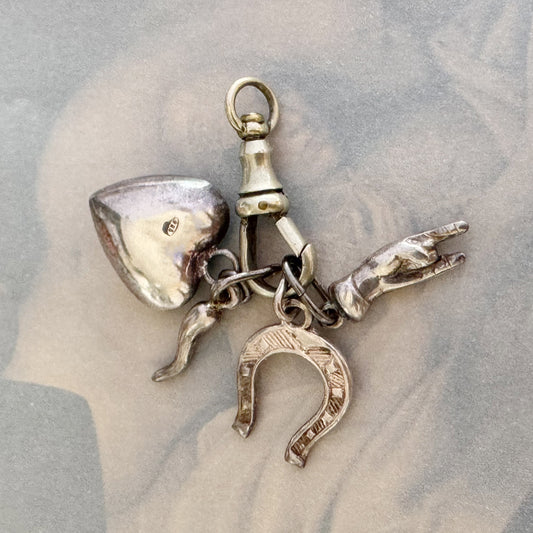 Vintage Italian Silver Lucky Charm Cluster, 925 Heart Corno Mano Cornuto Horseshoe Pendant Talisman