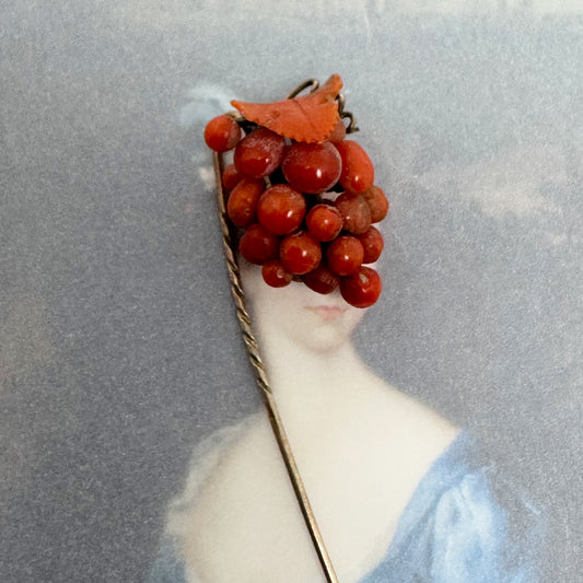 Antique Mediterranean Coral Grapes Stick Pin | Victorian Tie Pin Red Orange Coral Jewellery