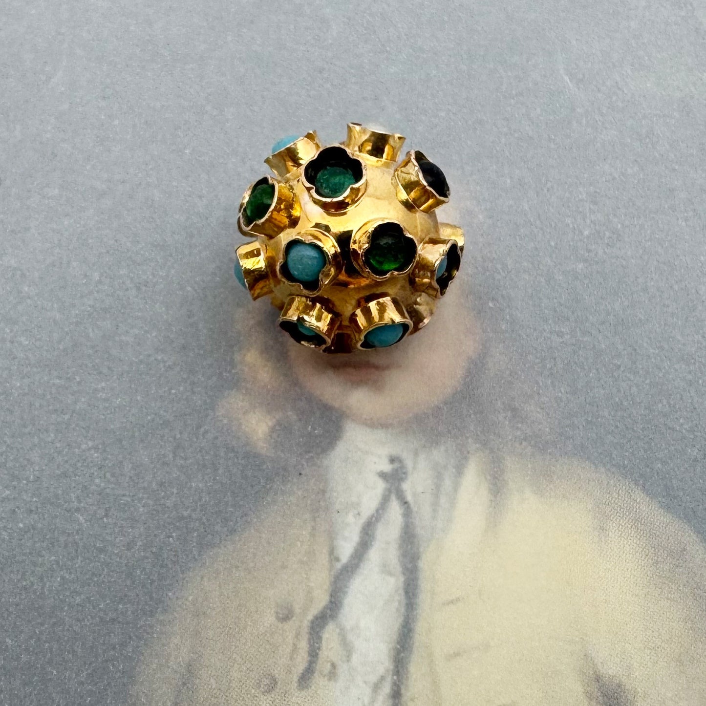 Vintage 19.2k Gold Sputnik Charm Pendant:Turquoise, Pearl & Gemstone Orb, Portuguese Gold